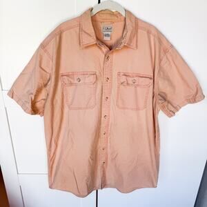 LL Bean Mens Large Tall Button Down Short Sleeve Heavy Shirt‎ Orange Pockets